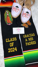 Cargar imagen en el visor de la galería, 2025 * Gracias a mis Padres Graduation Stole Sarape Sash- Monarca and Virgen SOLD OUT