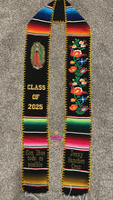 Cargar imagen en el visor de la galería, Black Floral Tulipán w virgen Black Graduation Stole Sarape Sash SOLD OUT