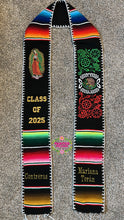 Cargar imagen en el visor de la galería, *2026* Virgen Black Mexico Floral w white finish - Black Graduation Stole Sarape Sash IN STOCK
