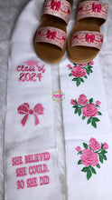Cargar imagen en el visor de la galería, Coquette Embroidered Graduation Sarape Sash stole IN STOCK