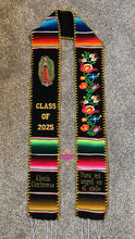 Cargar imagen en el visor de la galería, Black Floral Tulipán w virgen Black Graduation Stole Sarape Sash SOLD OUT