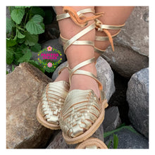 Cargar imagen en el visor de la galería, Gold Lace Up Vegan Huaraches