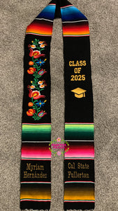 Black Floral Tulipán Graduation Stole Sarape Sash IN STOCK