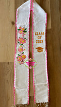 Cargar imagen en el visor de la galería, 2027 Yellow and Pink Roses w/ Pink border -  White Stole Sarape Sash IN STOCK
