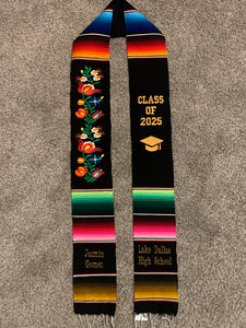 Black Floral Graduation Stole Sarape Sash PREORDER