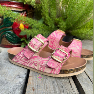 Carmen - Pink Tooled Leater Sandals