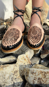 Sunflower Black - Hand Painted Tooled Lace Up