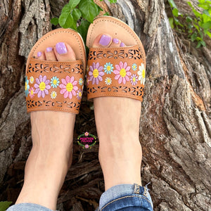 Angelica - Tan Leather Embroidered Sandals