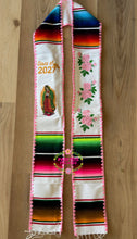 Cargar imagen en el visor de la galería, 2027 Virgen and Pink Roses w/ Pink border -  White Stole Sarape Sash IN STOCK
