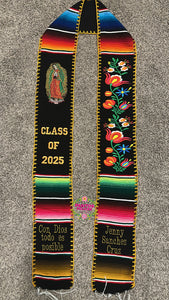 Black Floral Tulipán w virgen Black Graduation Stole Sarape Sash SOLD OUT