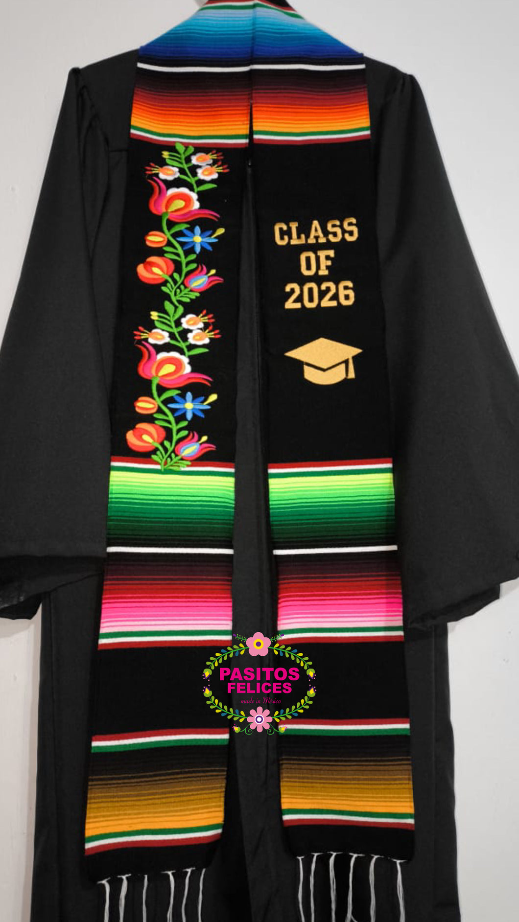 2026 Black Floral Tulipán Graduation Stole Sarape Sash IN STOCK