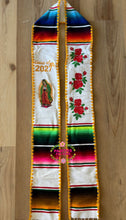 Cargar imagen en el visor de la galería, 2027 Virgen and Roses w/ gold border -  White Stole Sarape Sash IN STOCK

