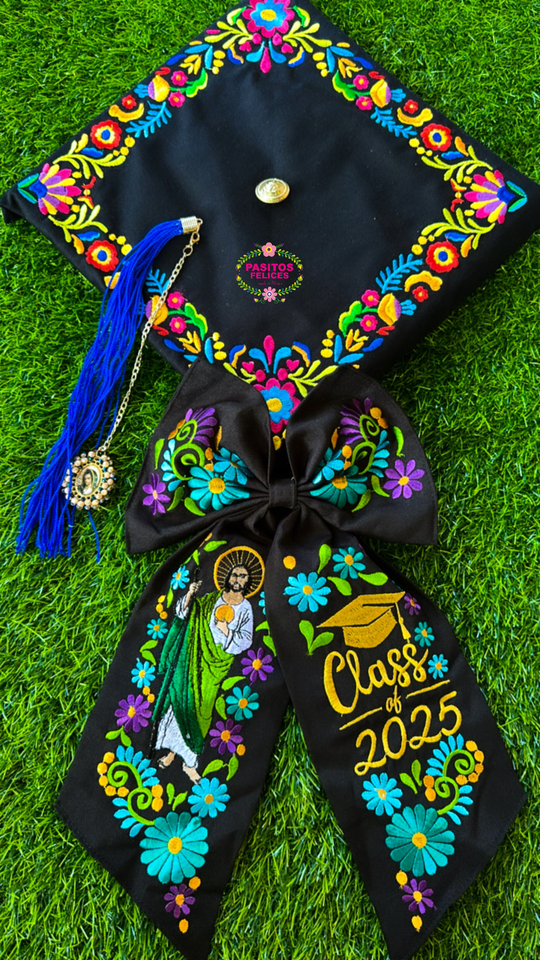 Black San Judas Moño- Embroidered Class of 25 Long Bows IN STOCK