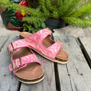 Carmen - Pink Tooled Leater Sandals