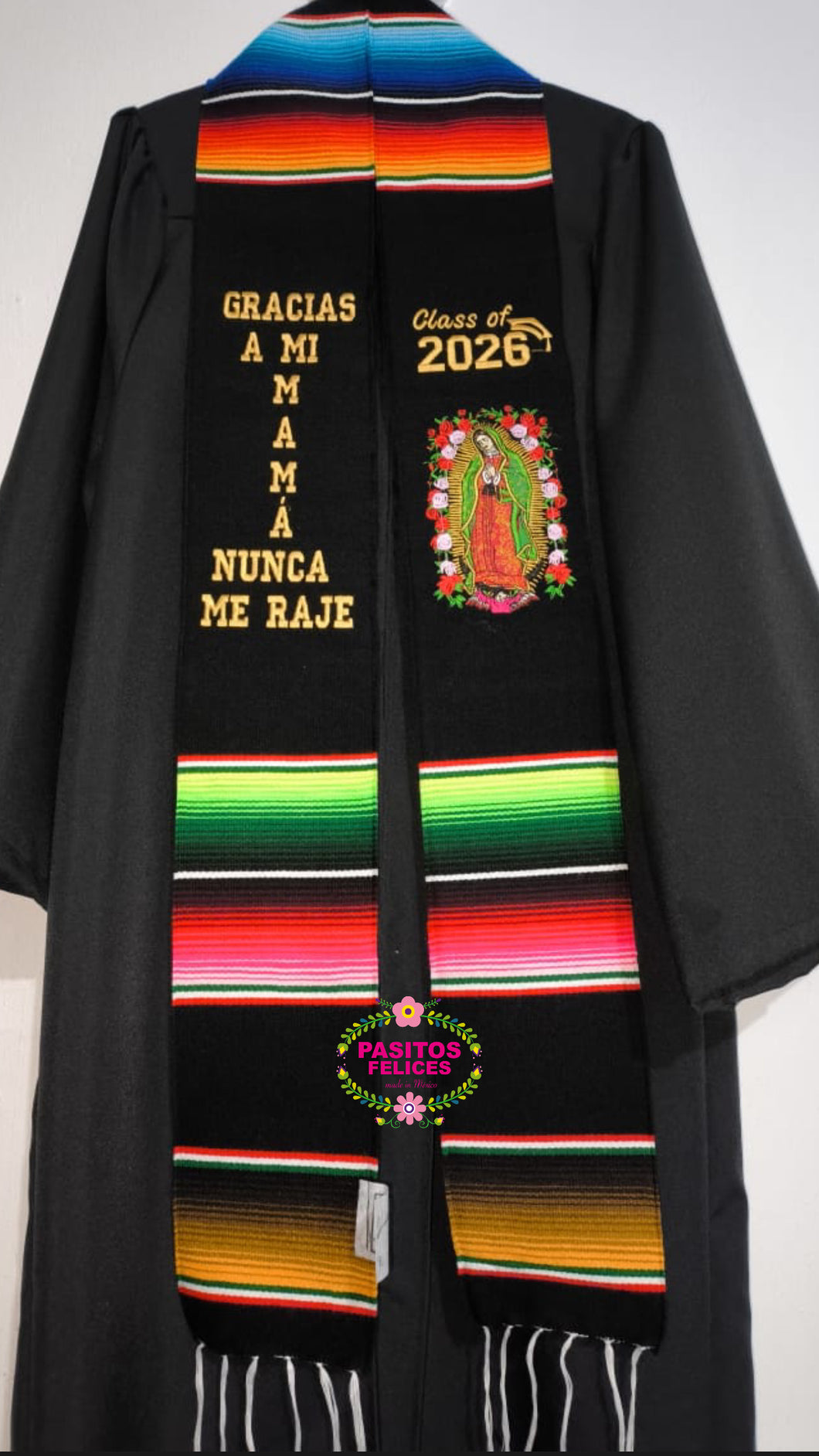 2026 Gracias a mi Mamá Floral Virgen Black Graduation Stole Sarape Sash IN STOCK