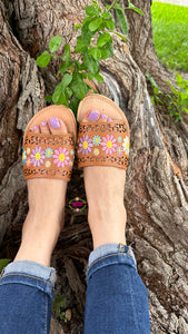 Angelica - Tan Leather Embroidered Sandals