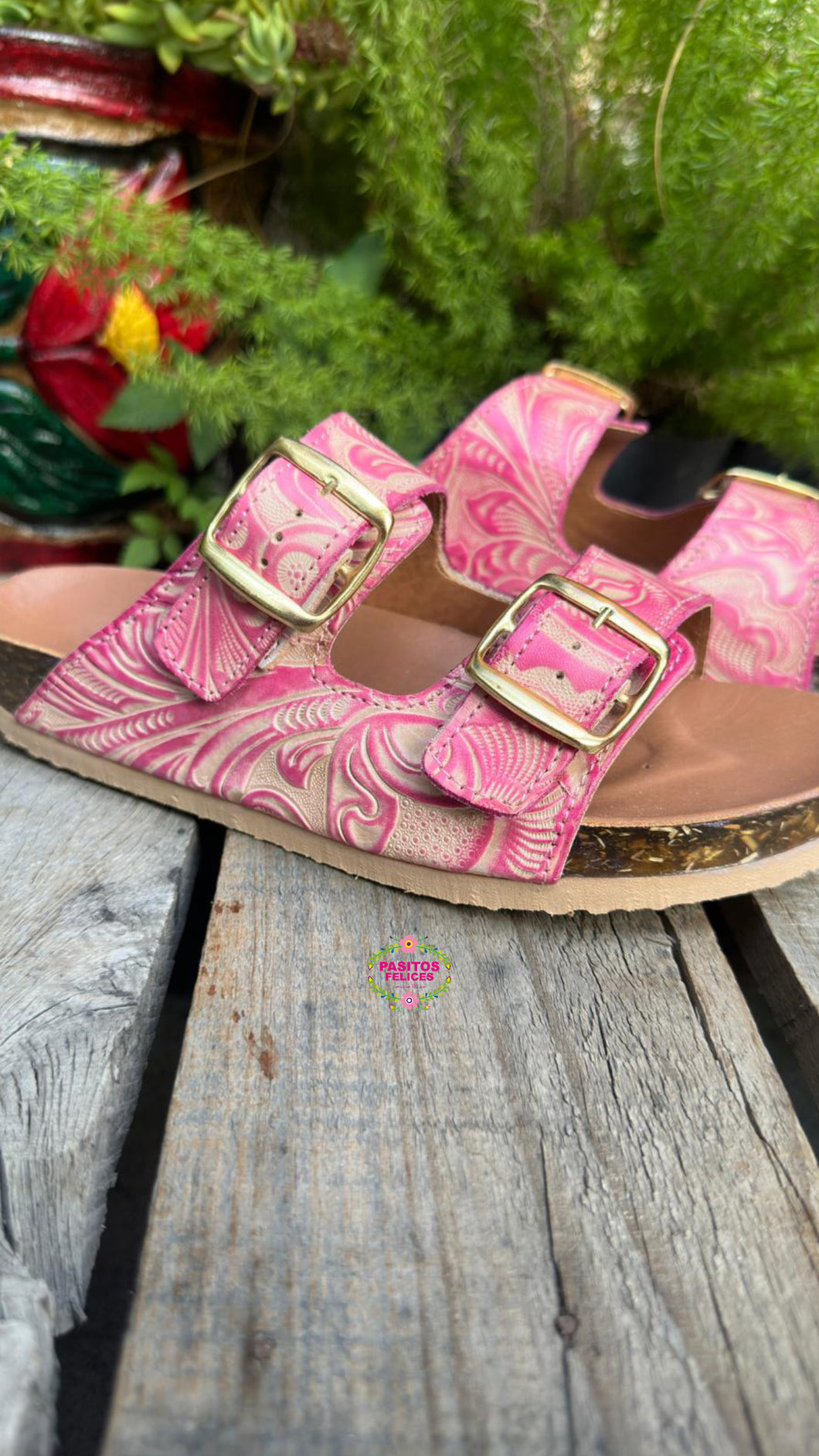 Carmen - Pink Tooled Leater Sandals