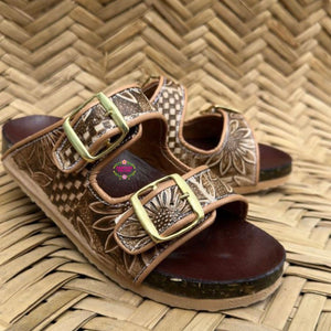 Sunflower Corcho - Hand tooled sunflower leather sandals