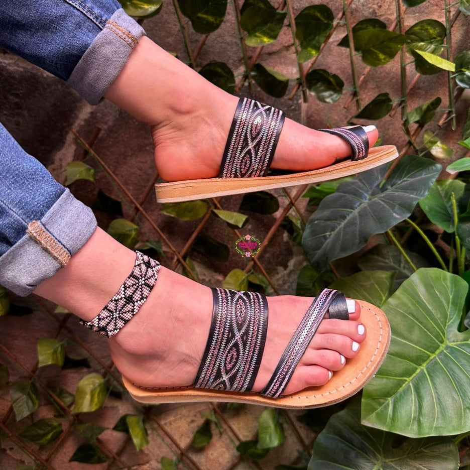 Sequin Black Cross Toe Sandals