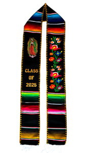 Black Floral Tulipán w virgen Black Graduation Stole Sarape Sash SOLD OUT