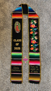 Black Floral Tulipán w virgen Black Graduation Stole Sarape Sash SOLD OUT