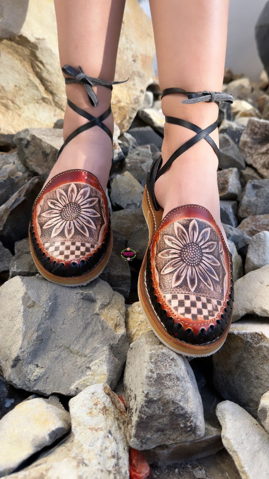 Sunflower Shedron - Hand Painted Tooled Lace Up