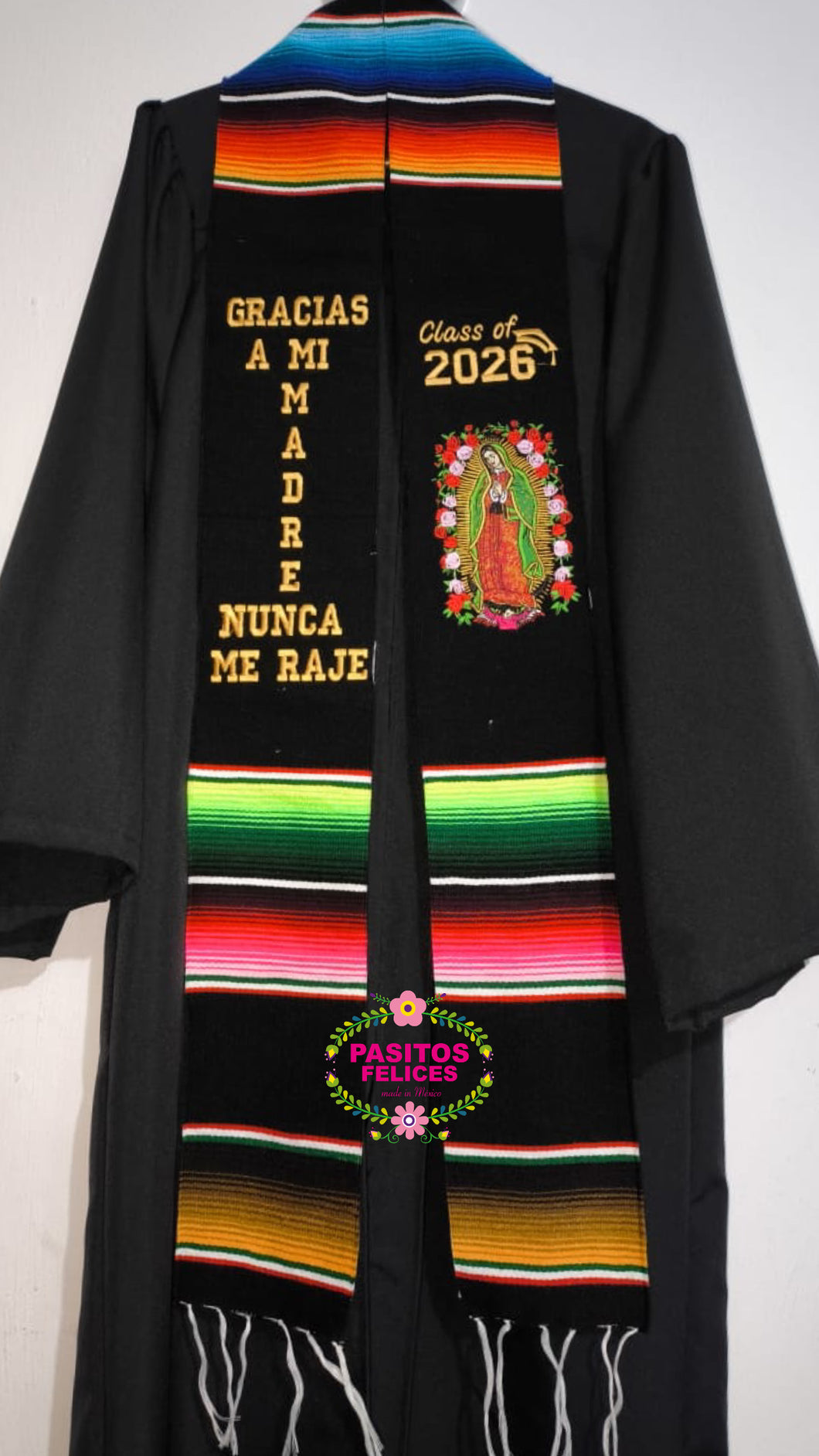 2026 Gracias a mi Madre Floral Virgen Black Graduation Stole Sarape Sash IN STOCK