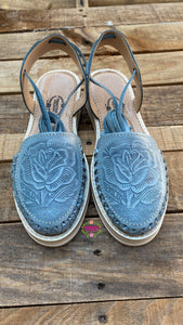 Mexico - Blue Tooled Lace Up Leather Huaraches