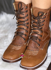 Botas Lacer - Tan Leather Laced Tooled Boots