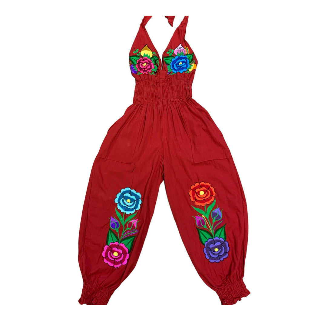 Red Jumpsuit  (pink and blue Roses)