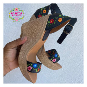 Black Floral wedges