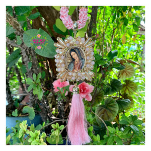 Sagrado Corazón con Virgencita - Sacred Heart w Virgin Mary Keychain and Car Blessing