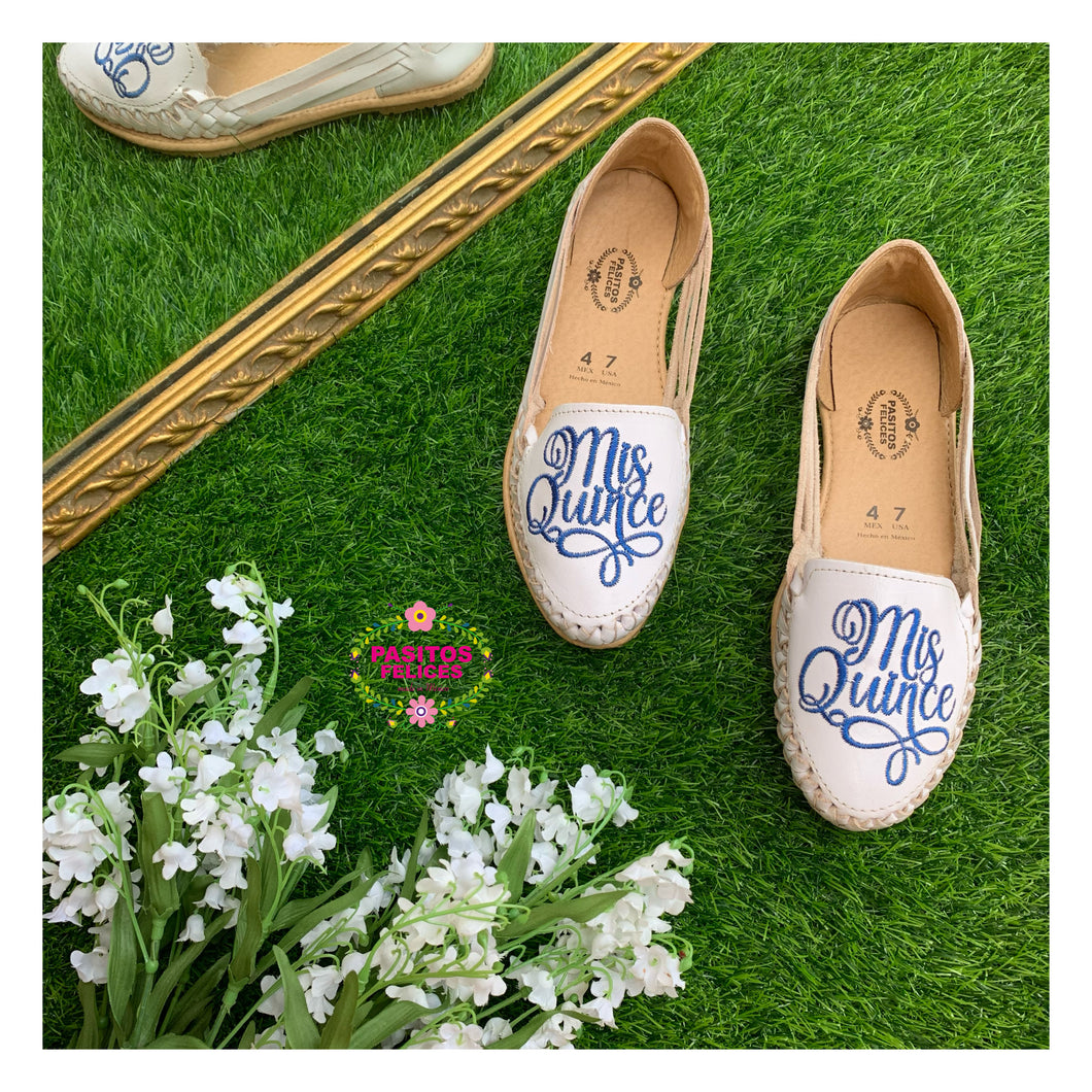 Mis Quince - Blue Sweet 15 White Embroidered Leather Flats