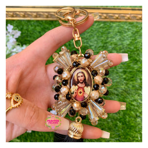 Sagrado Corazón con Virgencita - Sacred Heart w Virgin Mary Keychain and Car Blessing