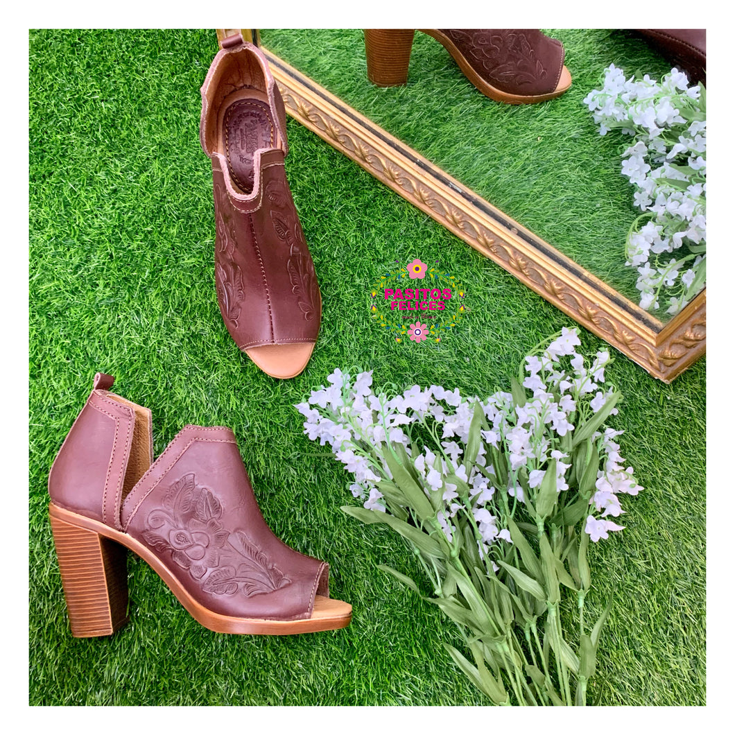 Morena - Brown Tooled Leather Booties